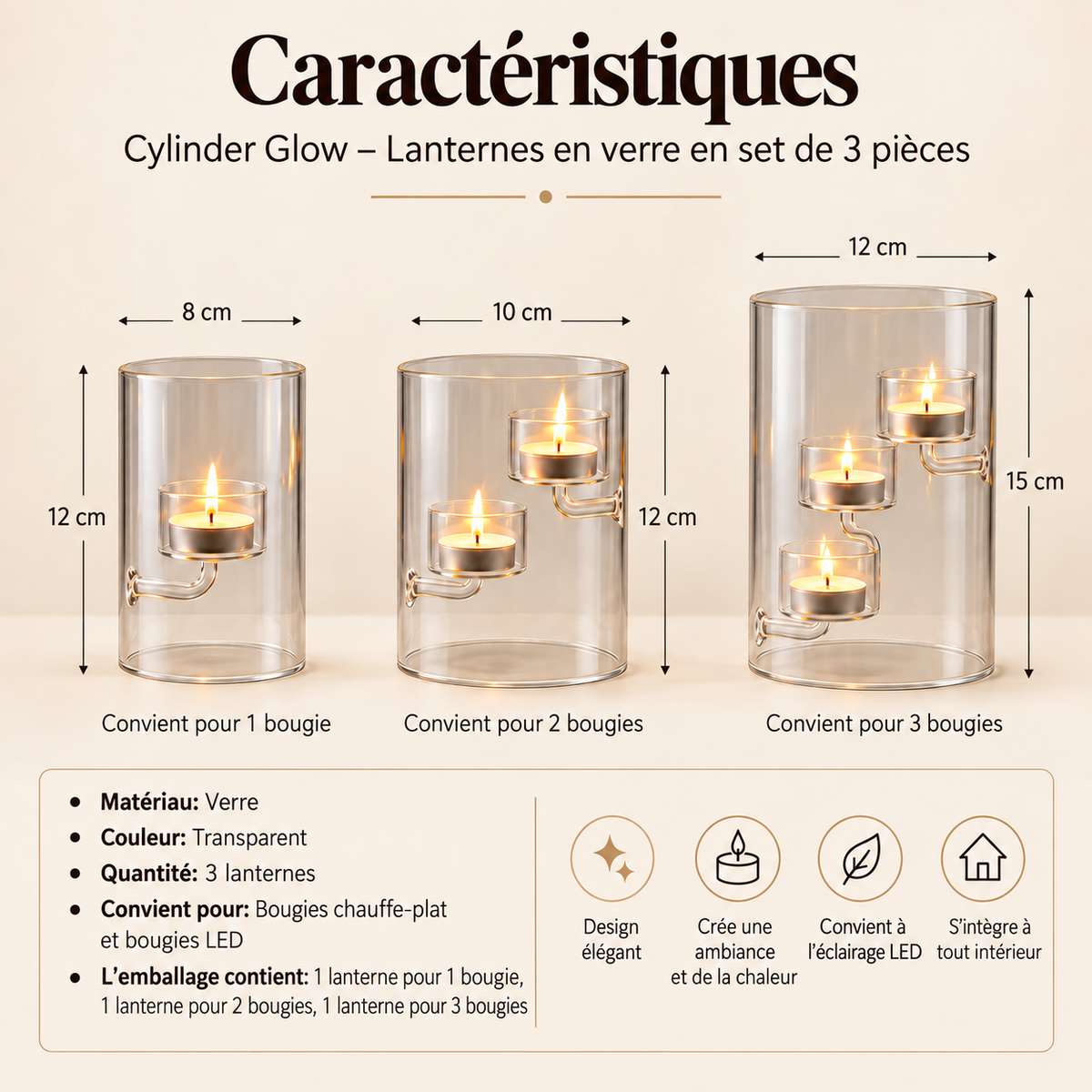 Lanternes à bougies chauffe-plat en verre (3 pièces)