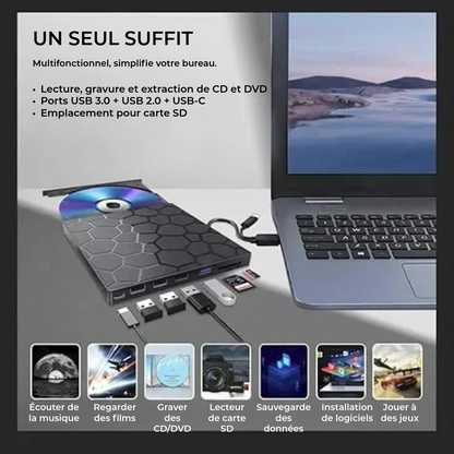 Lecteur CD/DVD externe 8-en-1 – lire, graver et stocker films, musique et photos