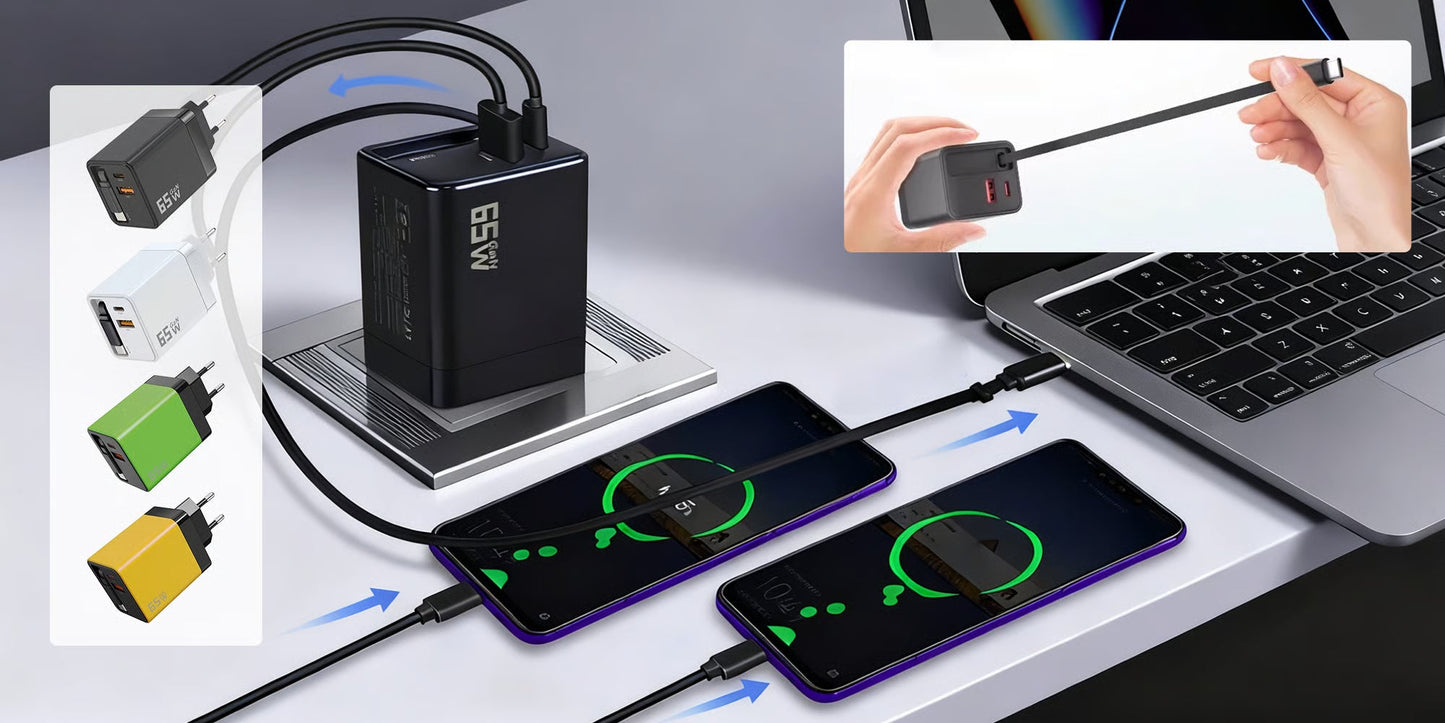 65W chargeur rapide 3-en-1 rétractable