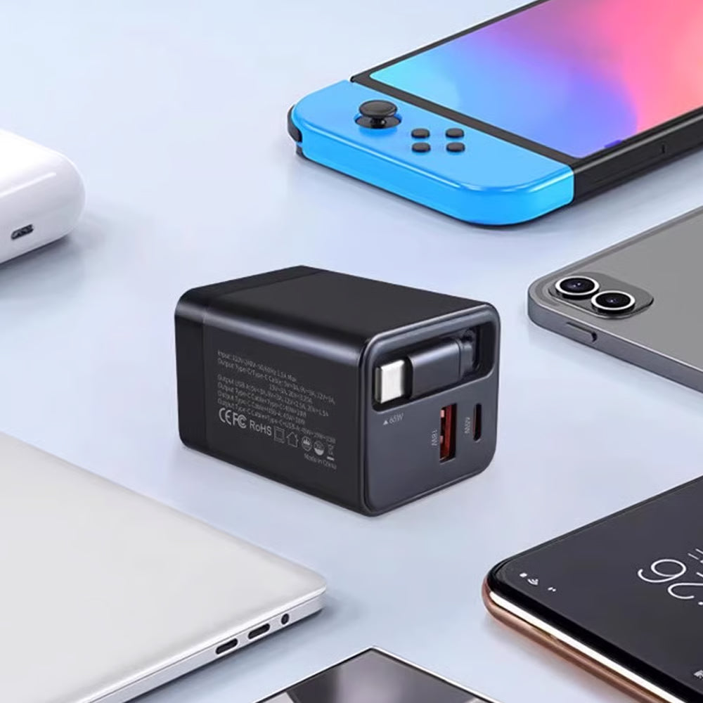 65W chargeur rapide 3-en-1 rétractable