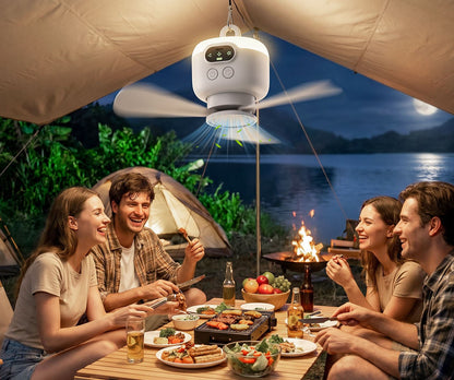 Ventilateur de camping portable avec éclairage LED et télécommande