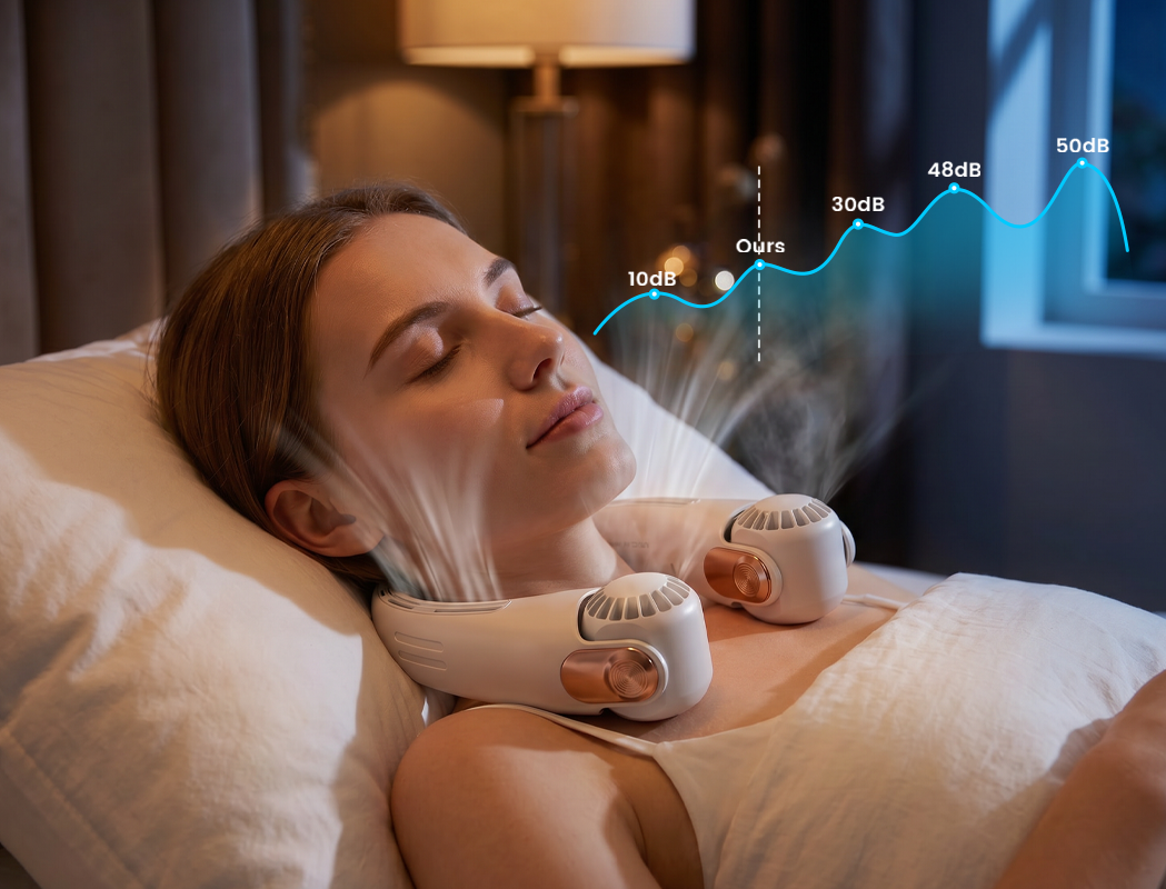 Ventilateur de cou portable - Refroidissement immédiat en 3 sec, tête pivotante à 360°, 3 vitesses