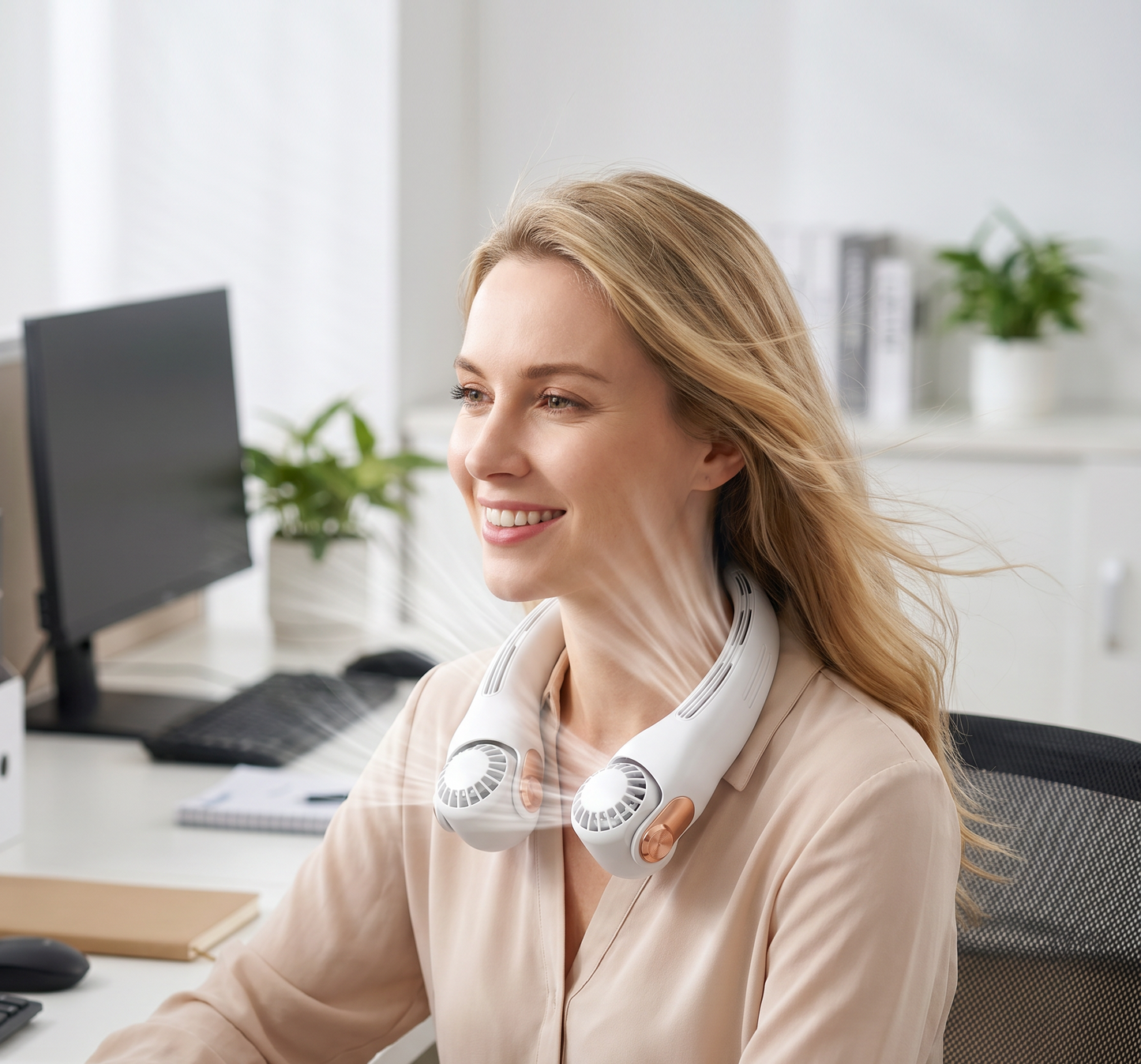 Ventilateur de cou portable - Refroidissement immédiat en 3 sec, tête pivotante à 360°, 3 vitesses