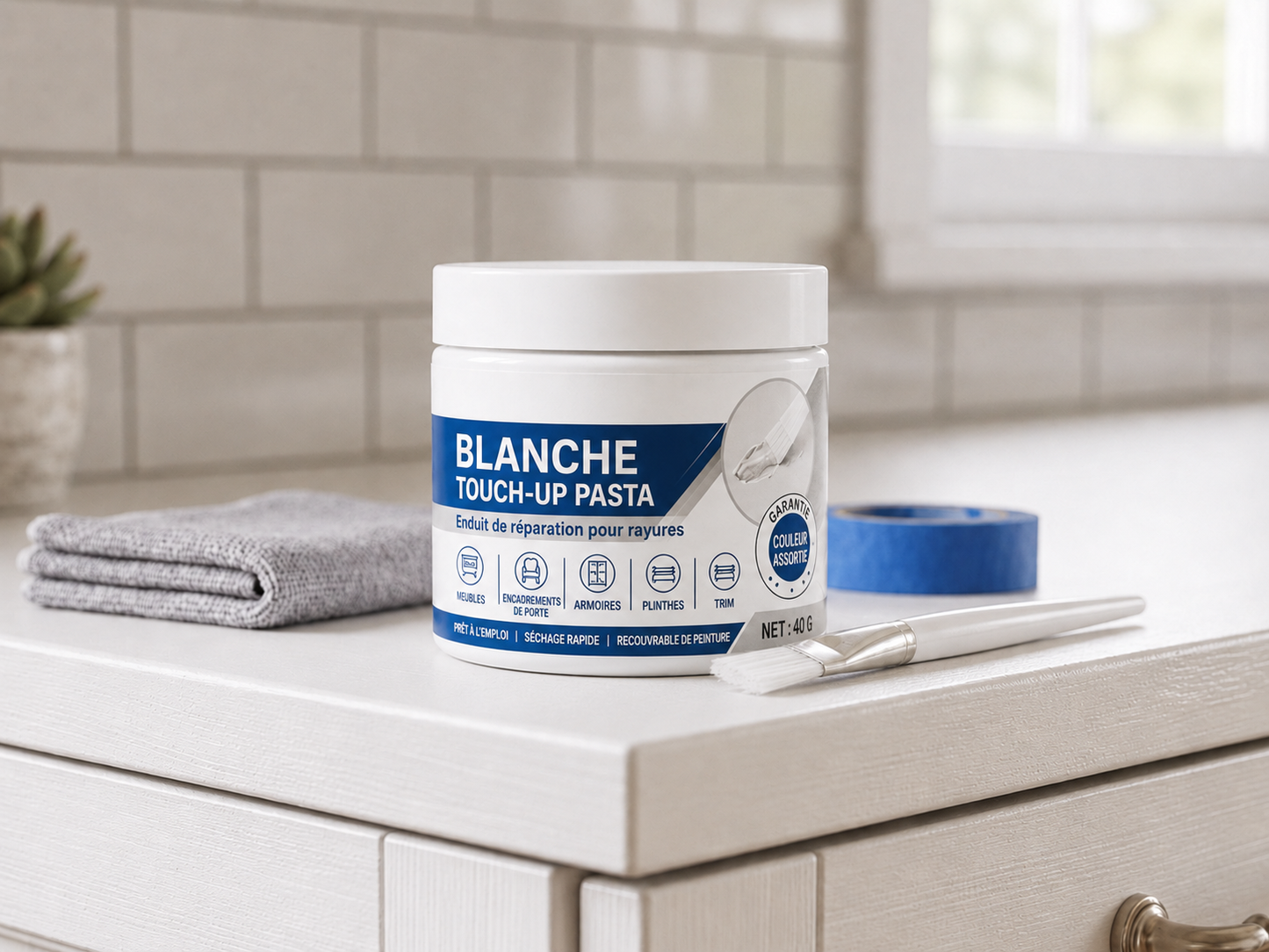 Pâte de réparation pour meubles blancs