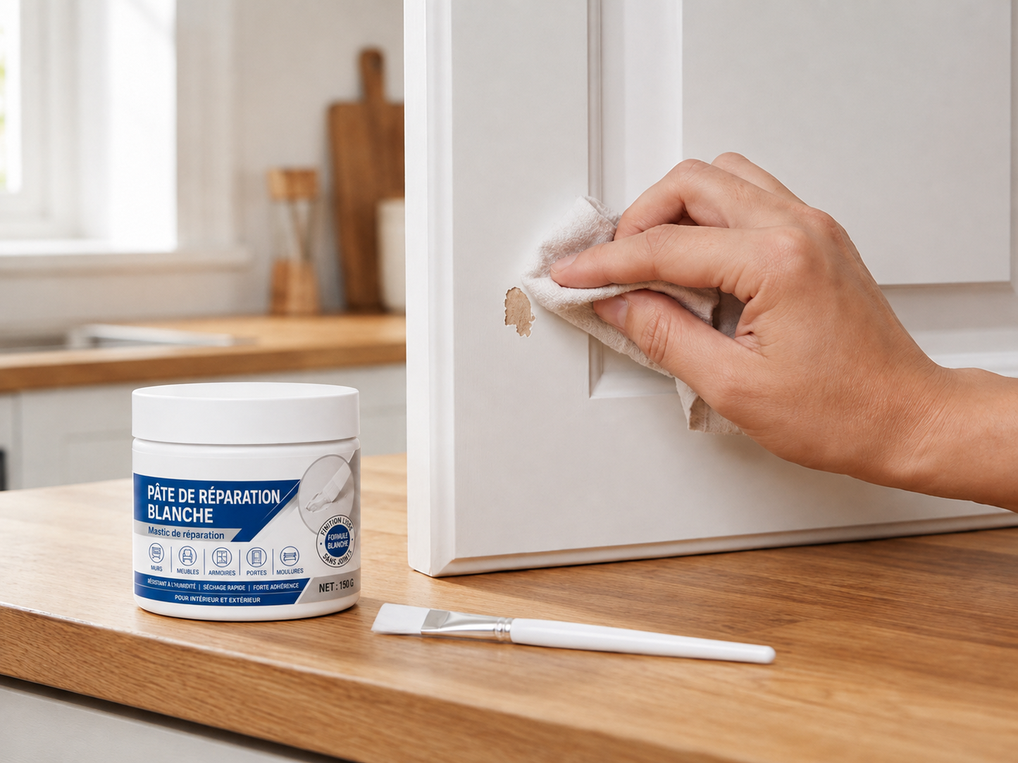 Pâte de réparation pour meubles blancs