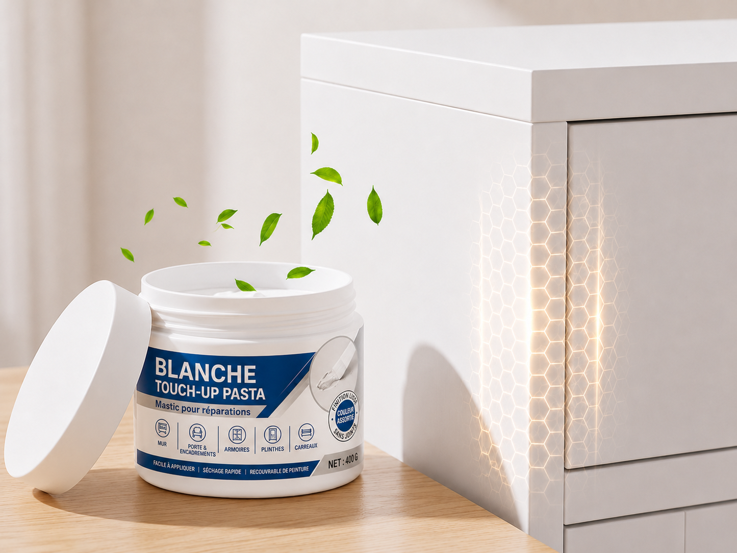 Pâte de réparation pour meubles blancs