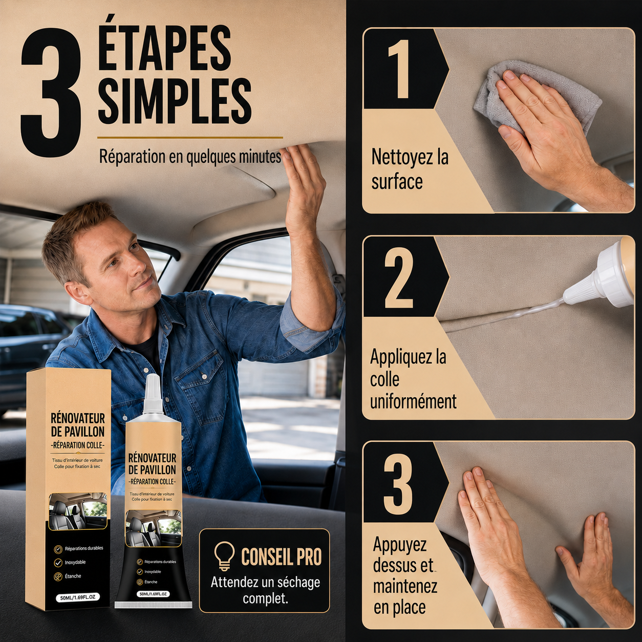 Colle pour réparation de ciel de toit automobile – forte adhérence pour des réparations rapides de l’intérieur