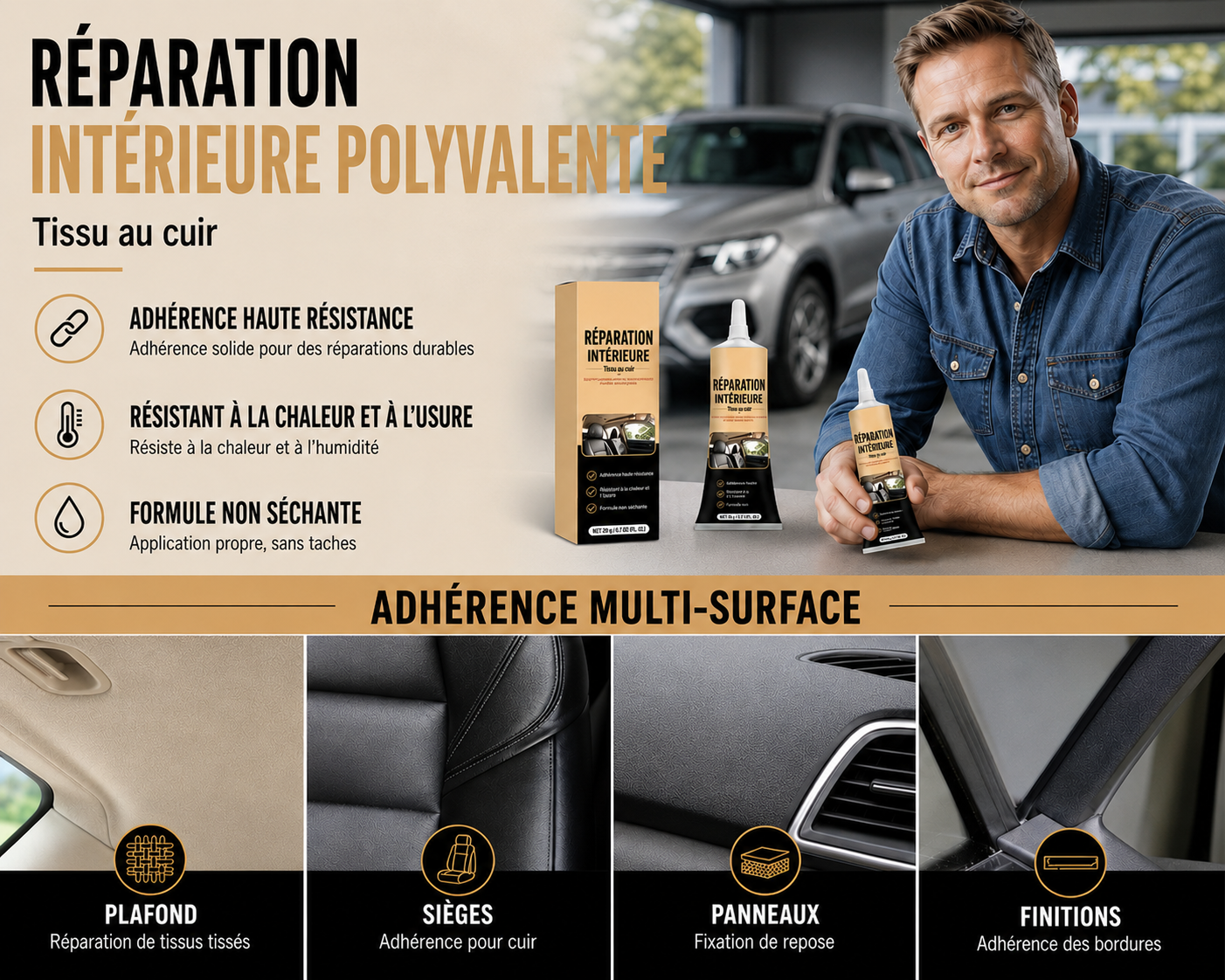 Colle pour réparation de ciel de toit automobile – forte adhérence pour des réparations rapides de l’intérieur