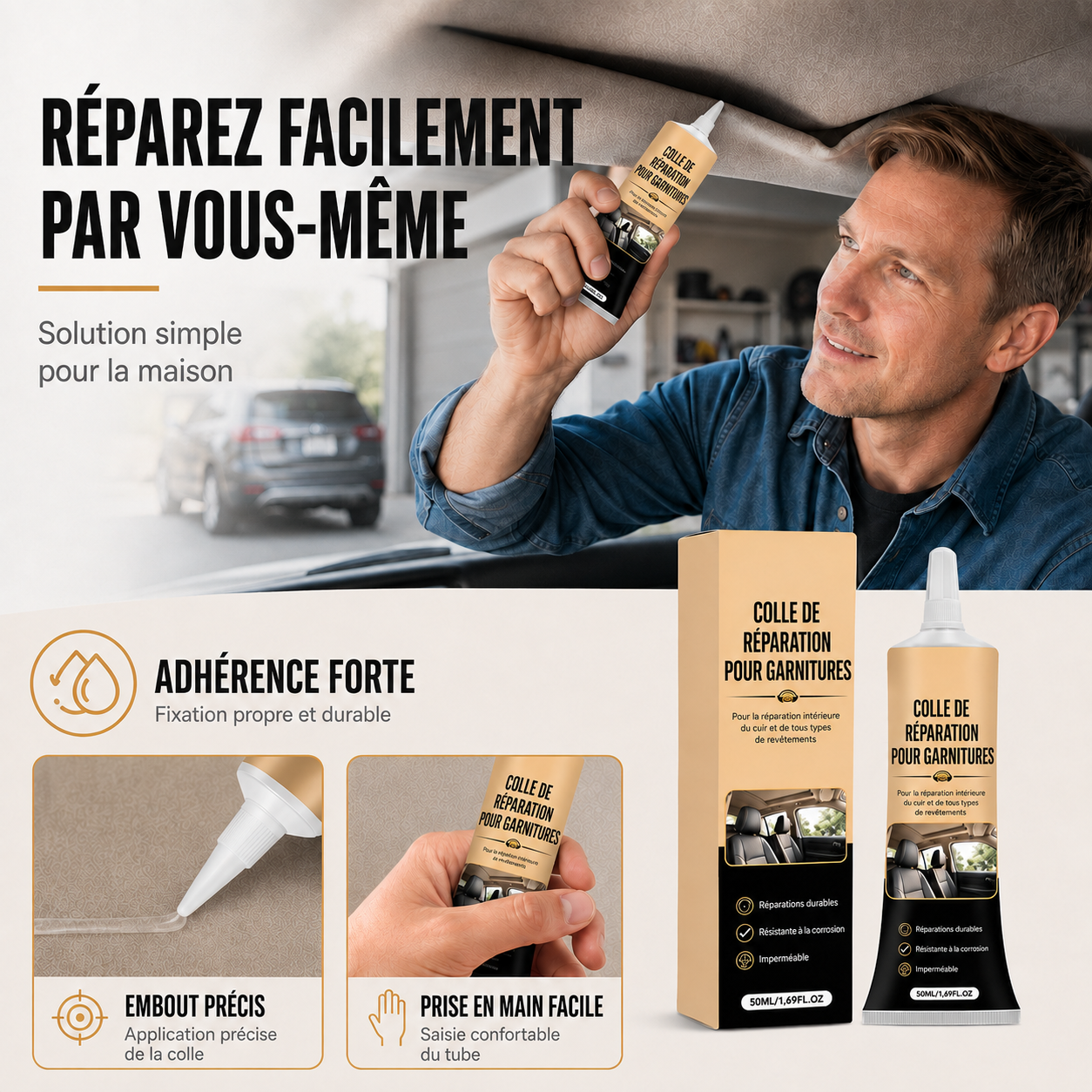 Colle pour réparation de ciel de toit automobile – forte adhérence pour des réparations rapides de l’intérieur