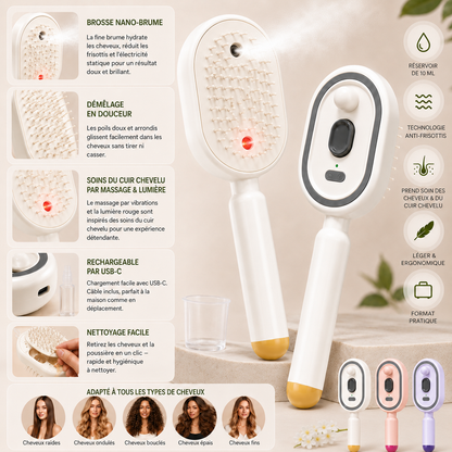 MistBrush – Brosse électrique avec spray nanobrume, massage du cuir chevelu et technologie anti-frisottis pour des cheveux plus doux et plus brillants