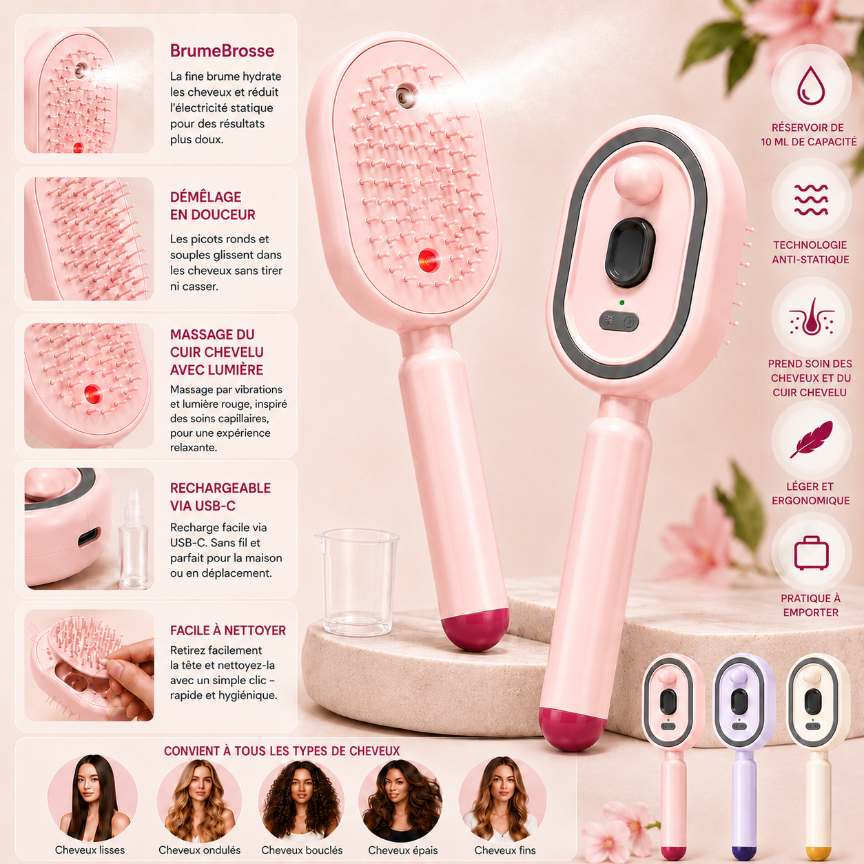 MistBrush – Brosse électrique avec spray nanobrume, massage du cuir chevelu et technologie anti-frisottis pour des cheveux plus doux et plus brillants