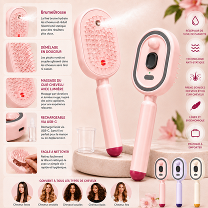 MistBrush – Brosse électrique avec spray nanobrume, massage du cuir chevelu et technologie anti-frisottis pour des cheveux plus doux et plus brillants