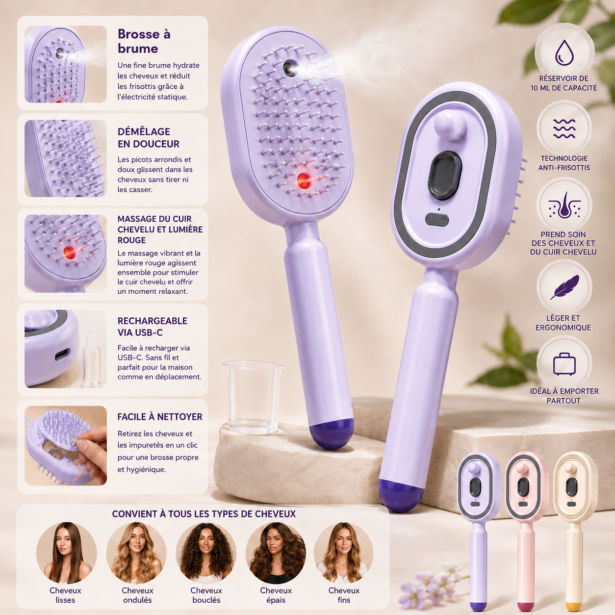 MistBrush – Brosse électrique avec spray nanobrume, massage du cuir chevelu et technologie anti-frisottis pour des cheveux plus doux et plus brillants