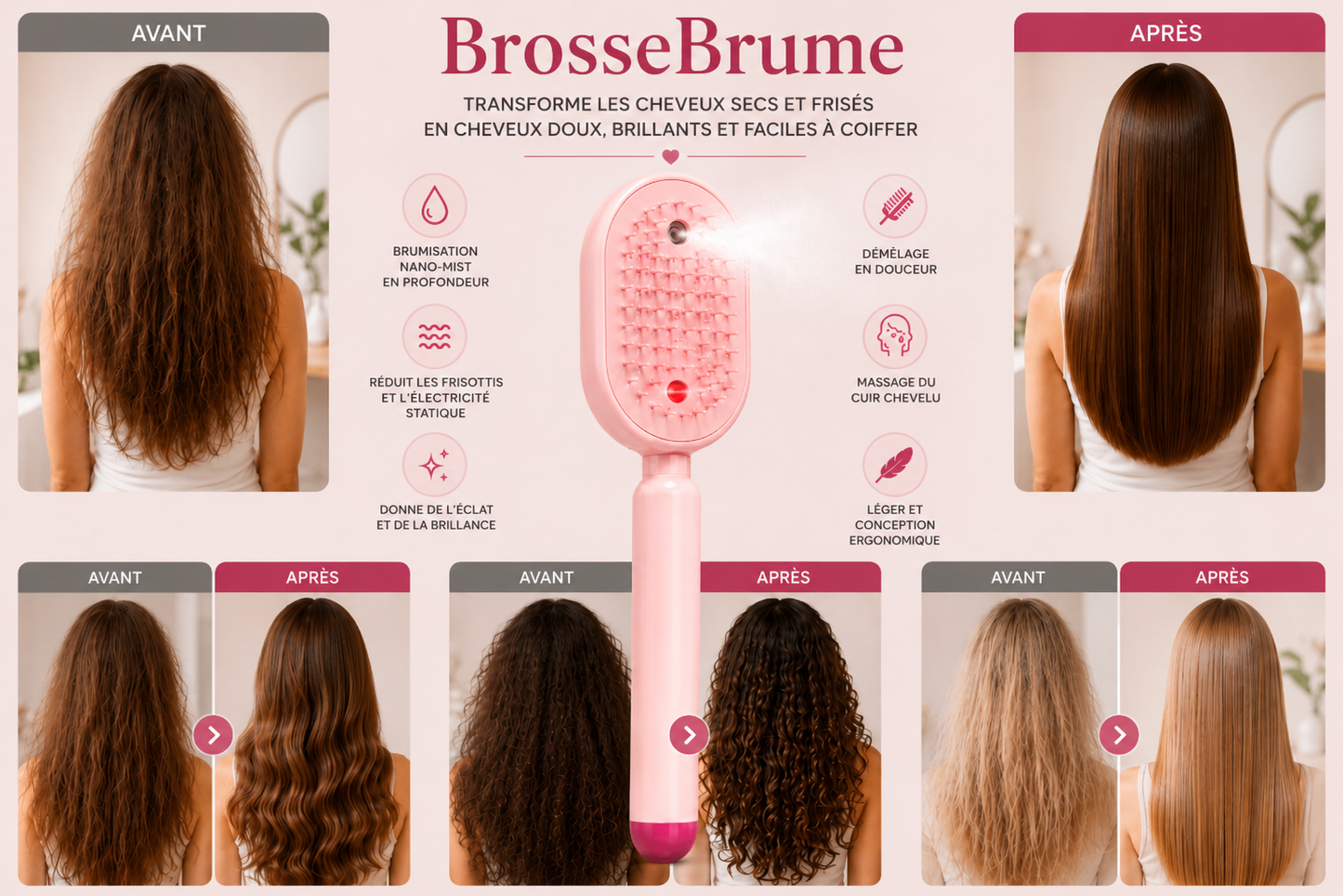 MistBrush – Brosse électrique avec spray nanobrume, massage du cuir chevelu et technologie anti-frisottis pour des cheveux plus doux et plus brillants