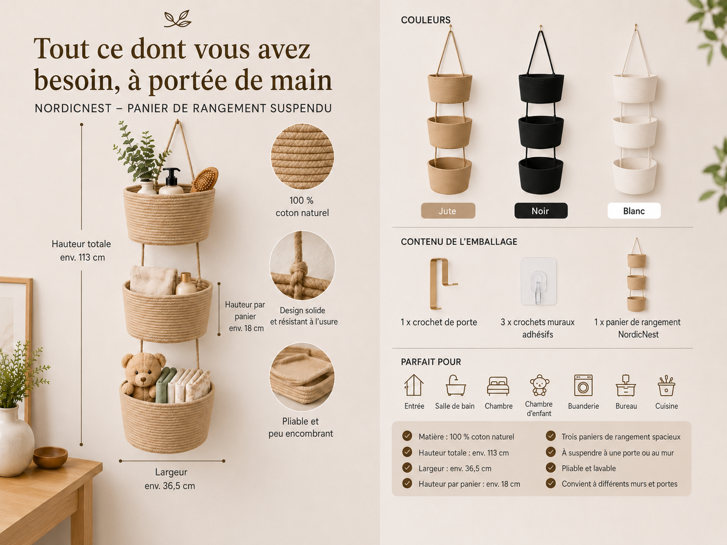 NordicNest – Panier de rangement suspendu