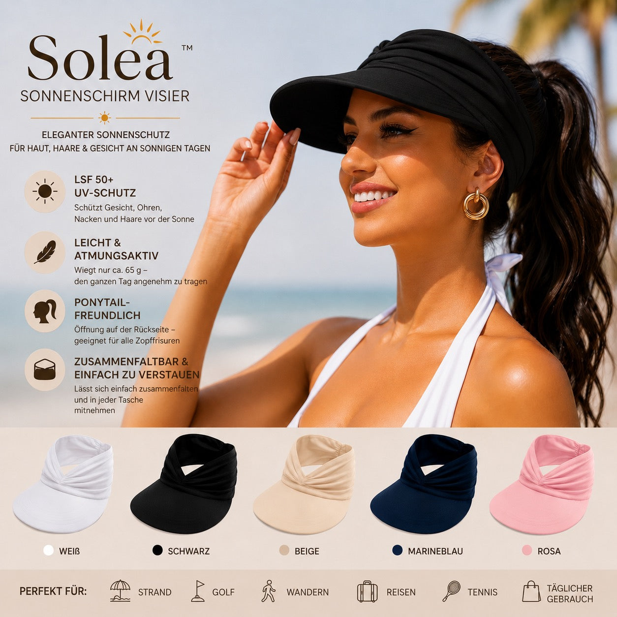 Soléa Visière Solaire – Protection solaire élégante pour la peau et les cheveux, pour des journées d’été confortables