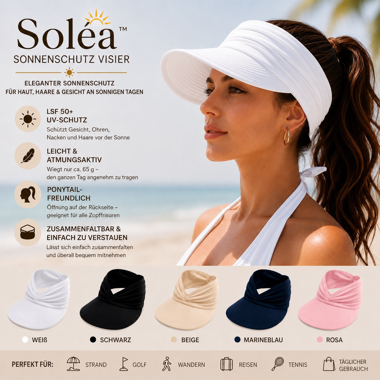 Soléa Visière Solaire – Protection solaire élégante pour la peau et les cheveux, pour des journées d’été confortables