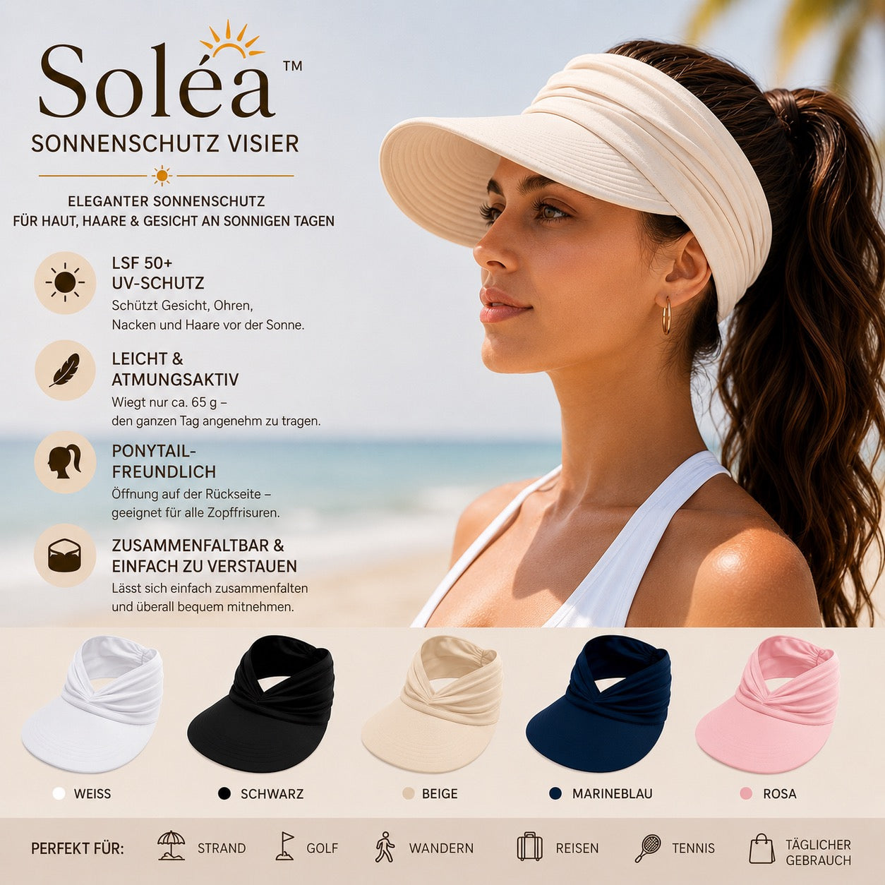 Soléa Visière Solaire – Protection solaire élégante pour la peau et les cheveux, pour des journées d’été confortables