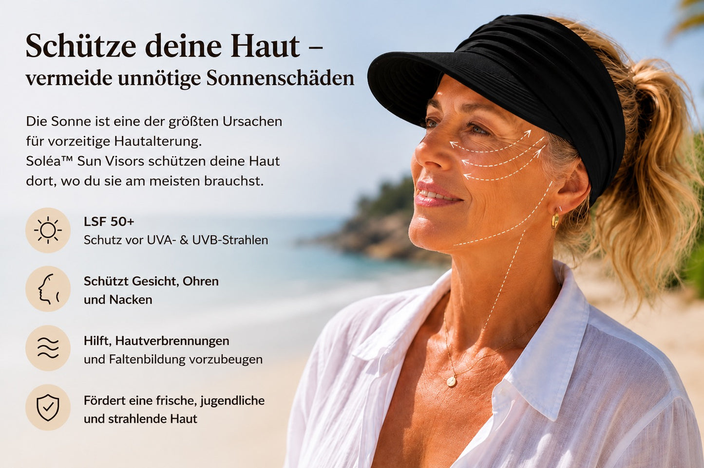 Soléa Visière Solaire – Protection solaire élégante pour la peau et les cheveux, pour des journées d’été confortables