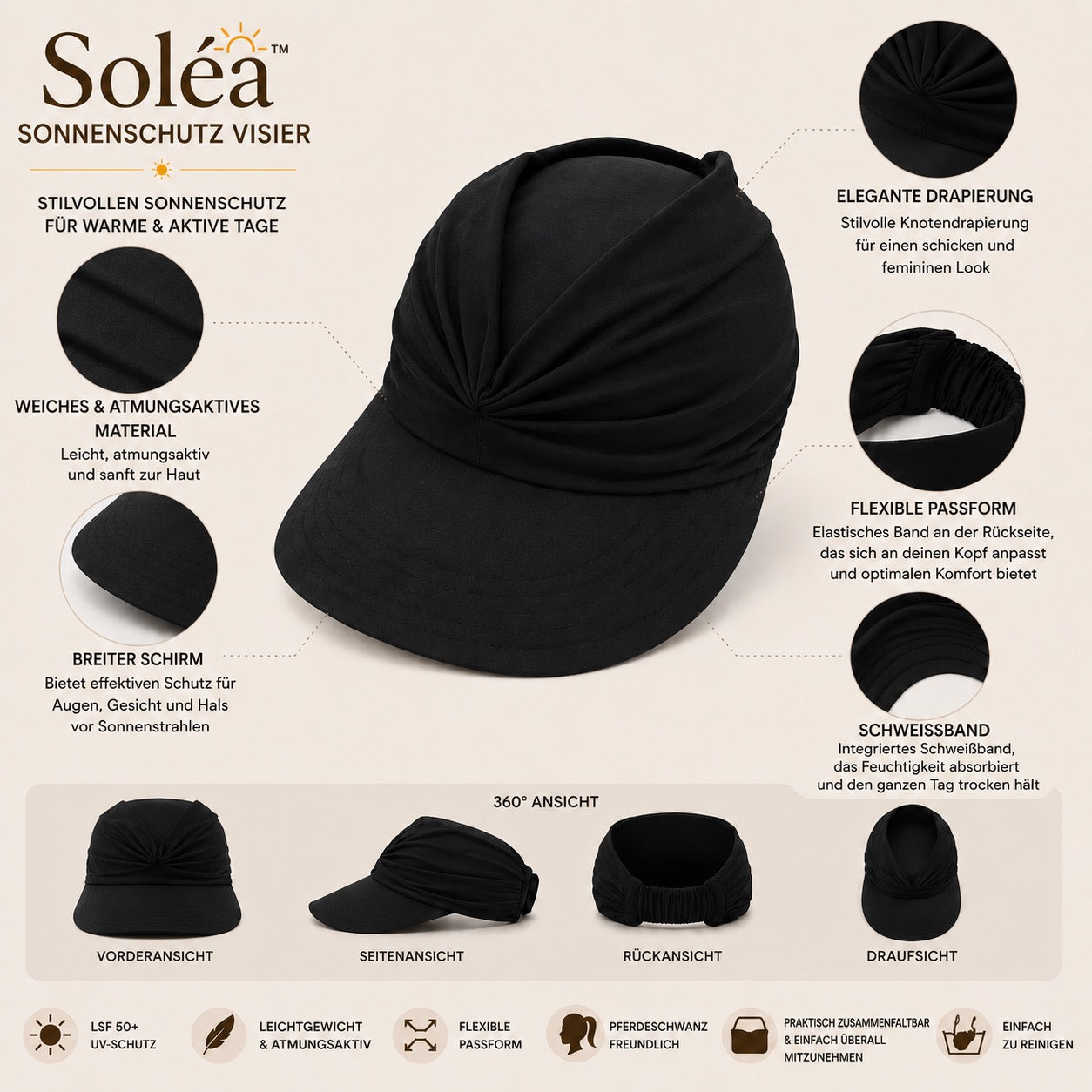 Soléa Visière Solaire – Protection solaire élégante pour la peau et les cheveux, pour des journées d’été confortables