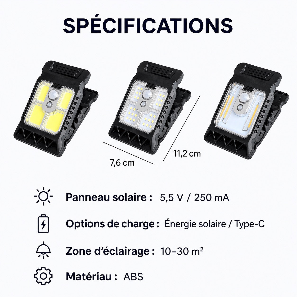 Lampe d’extérieur solaire avec détecteur de mouvement et fixation à clip