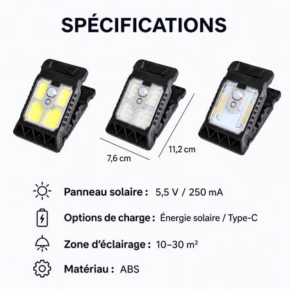 Lampe d’extérieur solaire avec détecteur de mouvement et fixation à clip
