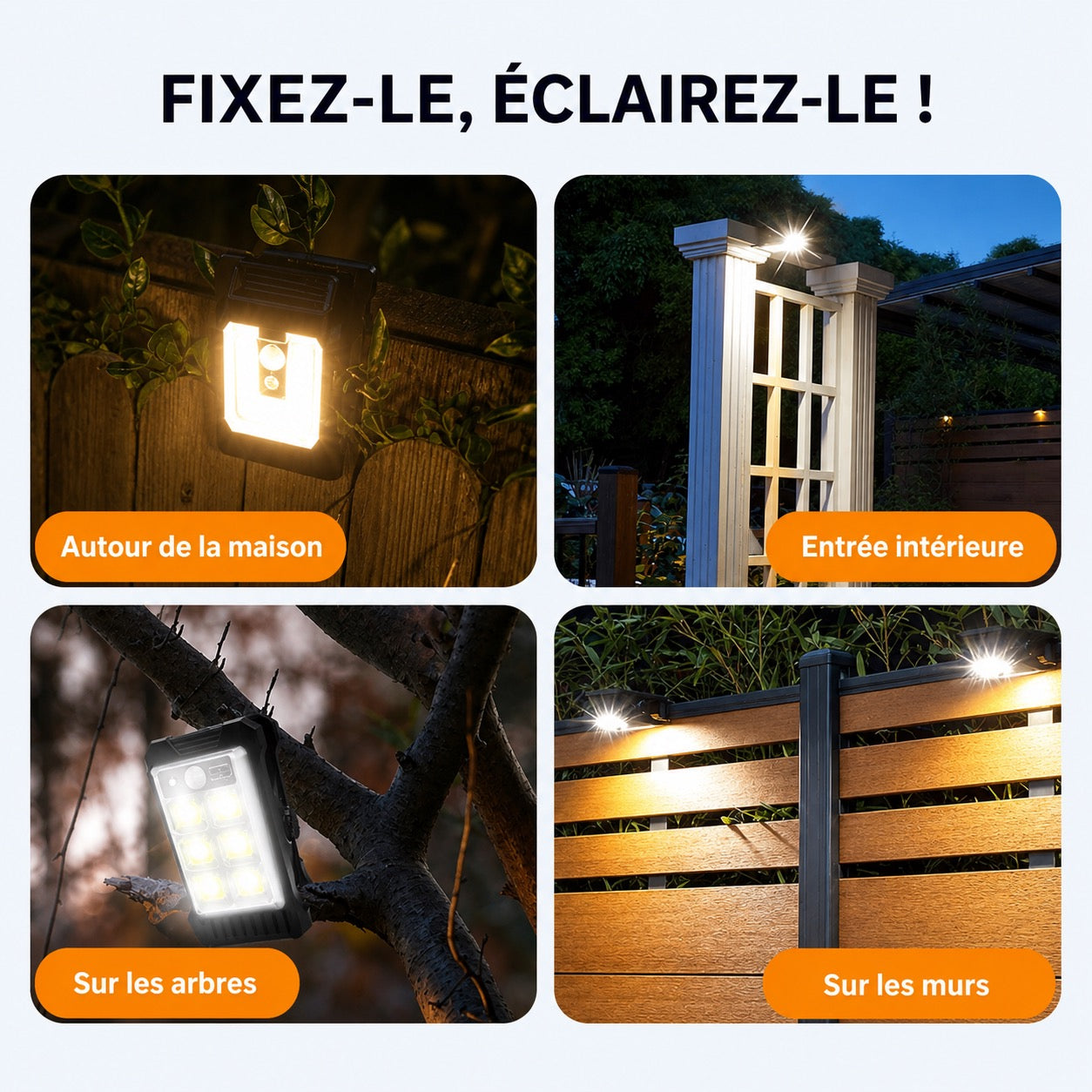 Lampe d’extérieur solaire avec détecteur de mouvement et fixation à clip