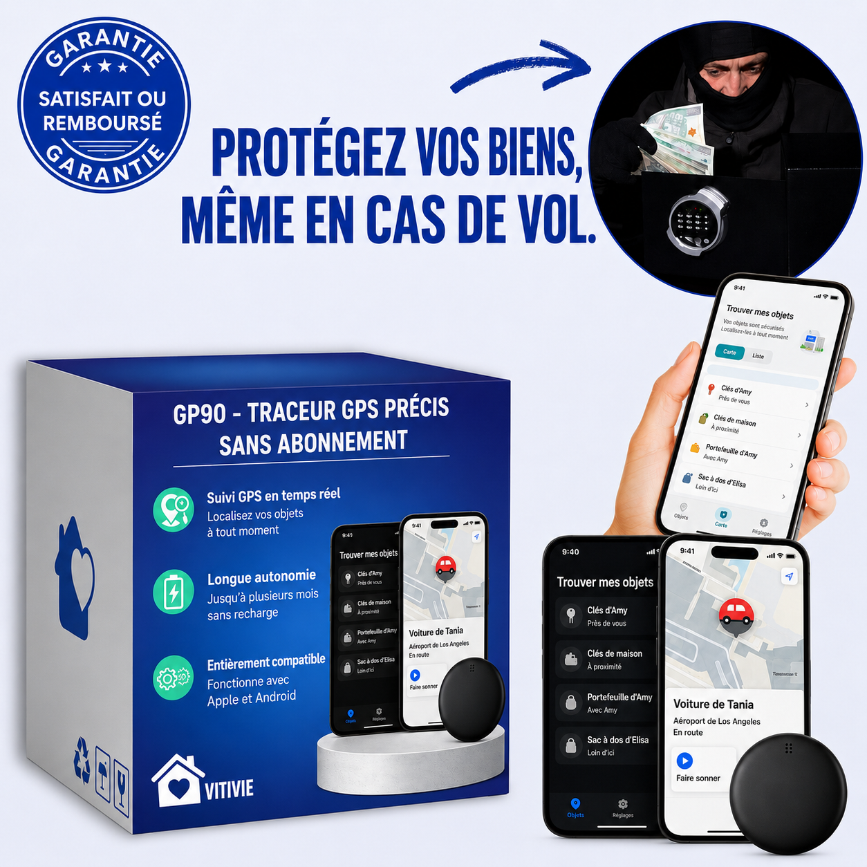 GP90 - Traceur GPS Précis sans Abonnement (Android/Apple)