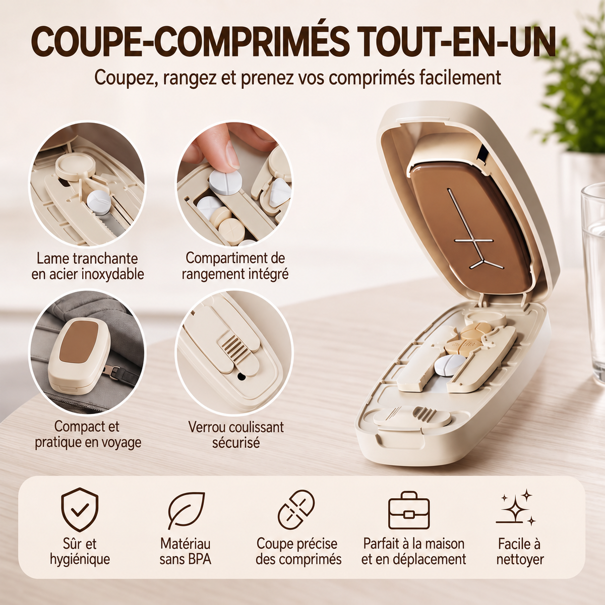 Coupe-comprimés portable – coupe les comprimés avec précision, design compact pour les voyages et la maison