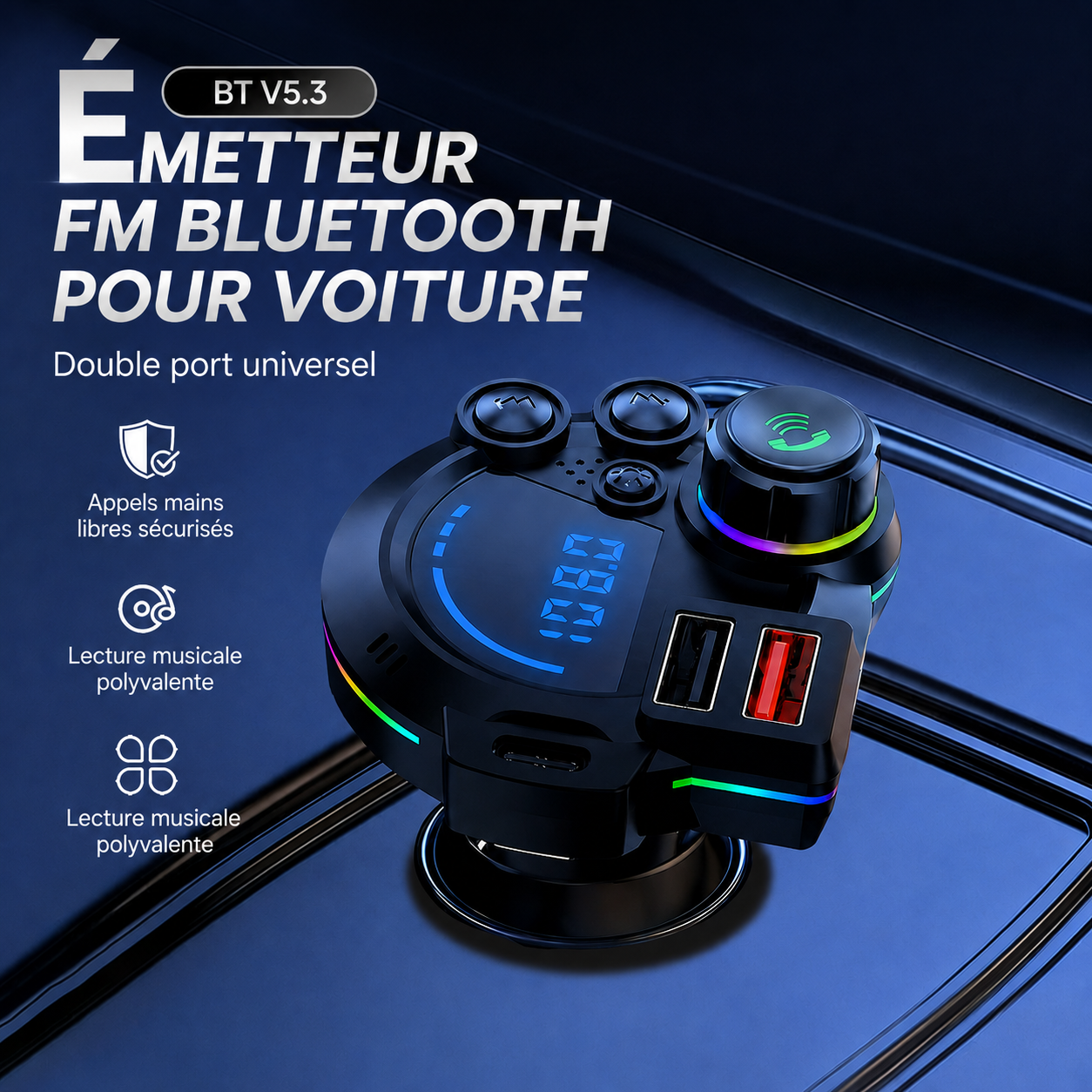 Transmetteur FM Bluetooth universel - Streaming musical sans fil et appels mains libres