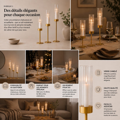 Bougeoirs élégants avec cylindre en verre en 3 hauteurs
