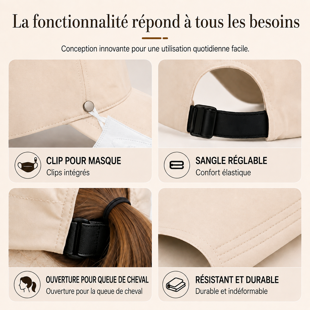 Chapeau de soleil avec ouverture pour queue-de-cheval