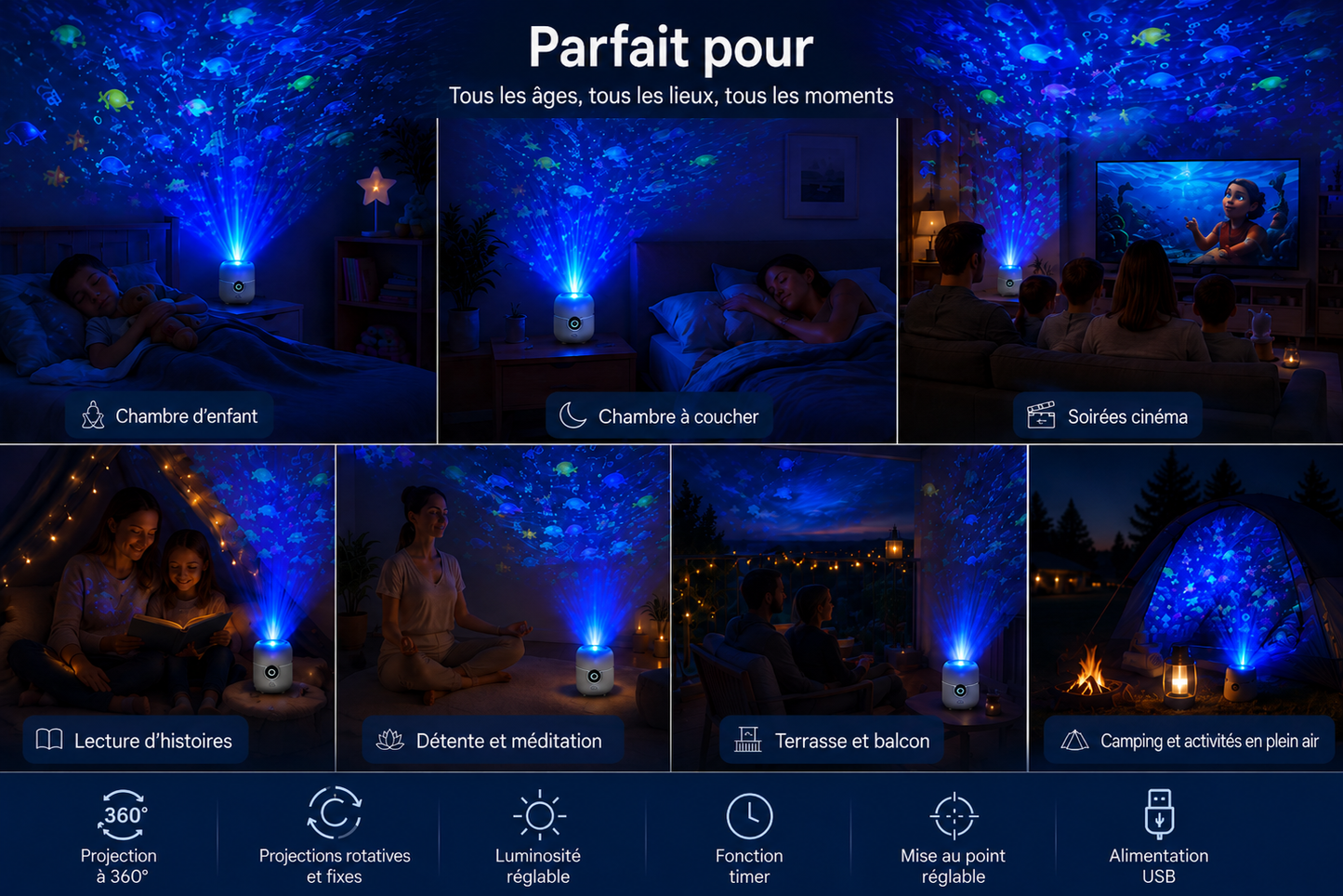 Projecteur Océan OceanWave avec lumières LED rotatives – Créez des soirées magiques