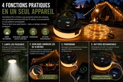 4-en-1 – Lampe de camping rechargeable avec guirlande lumineuse et batterie externe