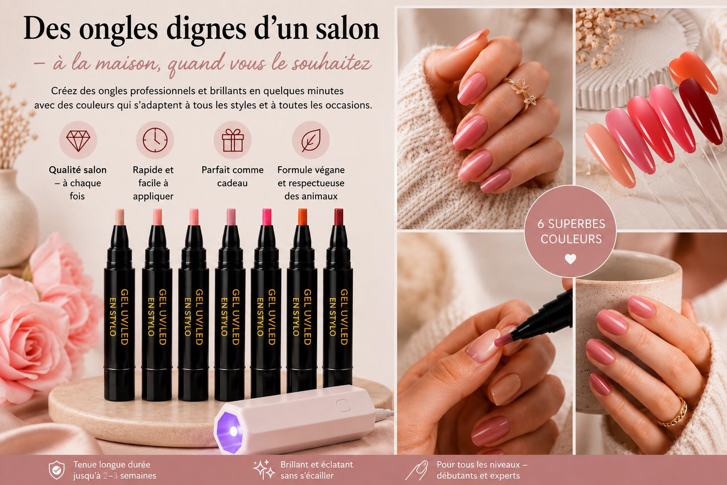 SalonPen – Stylo gel 3-en-1 pour les ongles avec lampe UV (lot de 6 pièces)