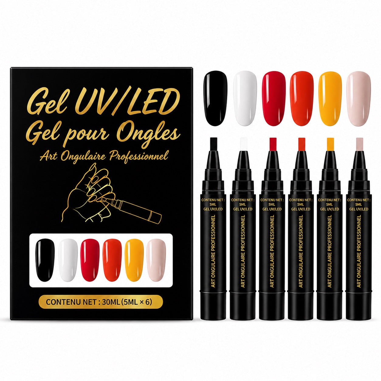 SalonPen – Stylo gel 3-en-1 pour les ongles avec lampe UV (lot de 6 pièces)