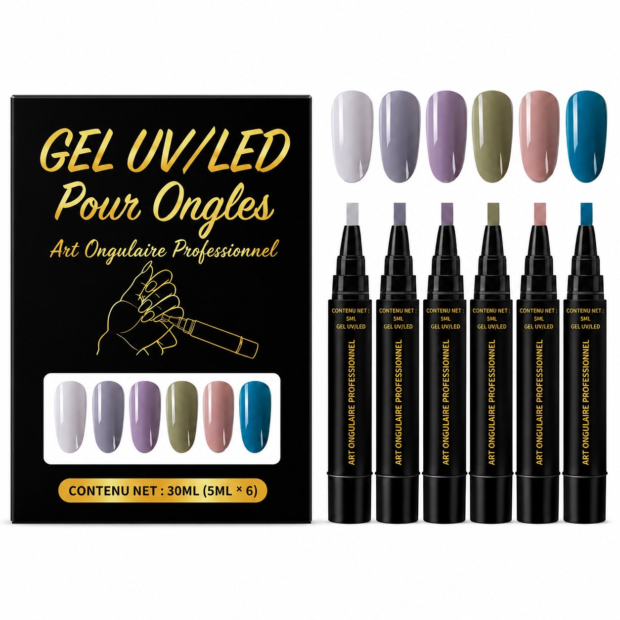 SalonPen – Stylo gel 3-en-1 pour les ongles avec lampe UV (lot de 6 pièces)
