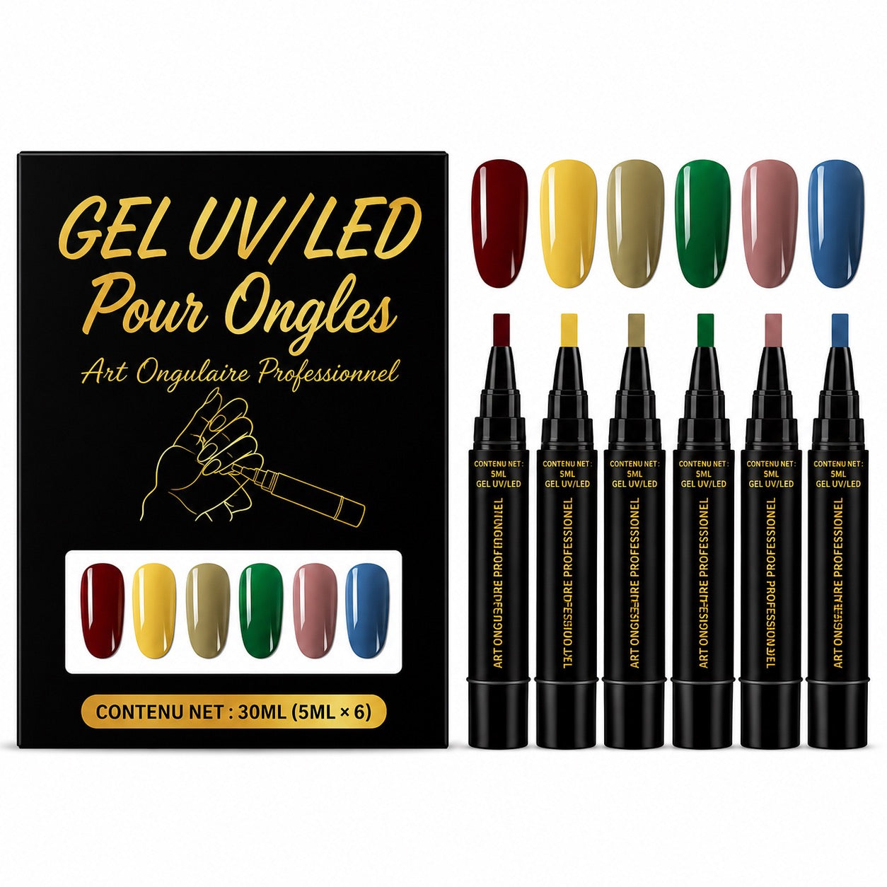 SalonPen – Stylo gel 3-en-1 pour les ongles avec lampe UV (lot de 6 pièces)