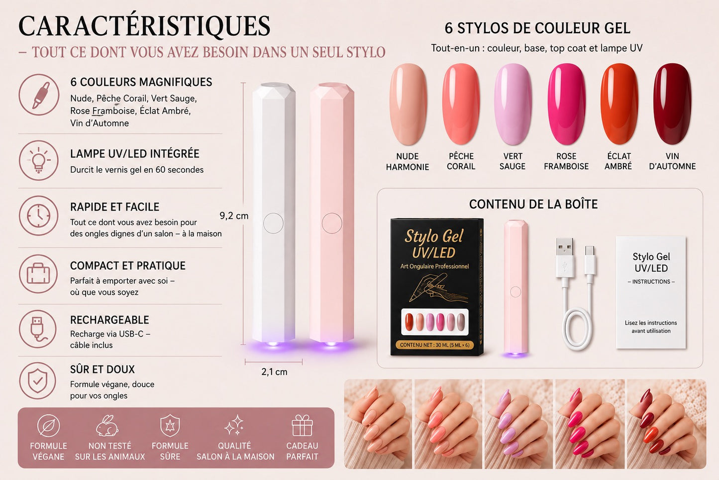 SalonPen – Stylo gel 3-en-1 pour les ongles avec lampe UV (lot de 6 pièces)
