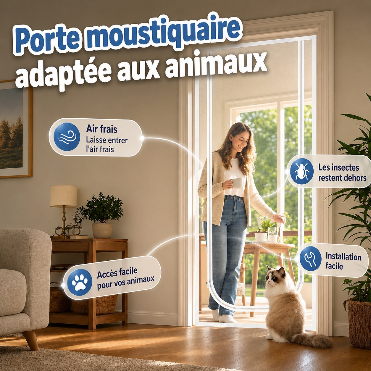 Porte moustiquaire avec fermeture éclair – tissu robuste résistant aux griffures, garde les chats et les chiens en toute sécurité à l’intérieur ou à l’extérieur, idéale pour les journées chaudes et l’air frais