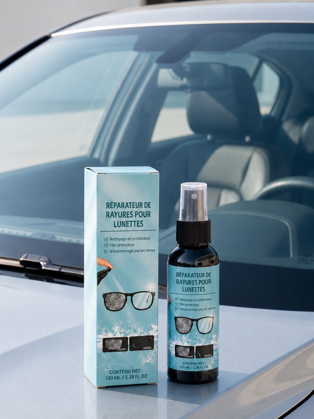 Spray réparateur pour rayures sur verres de lunettes