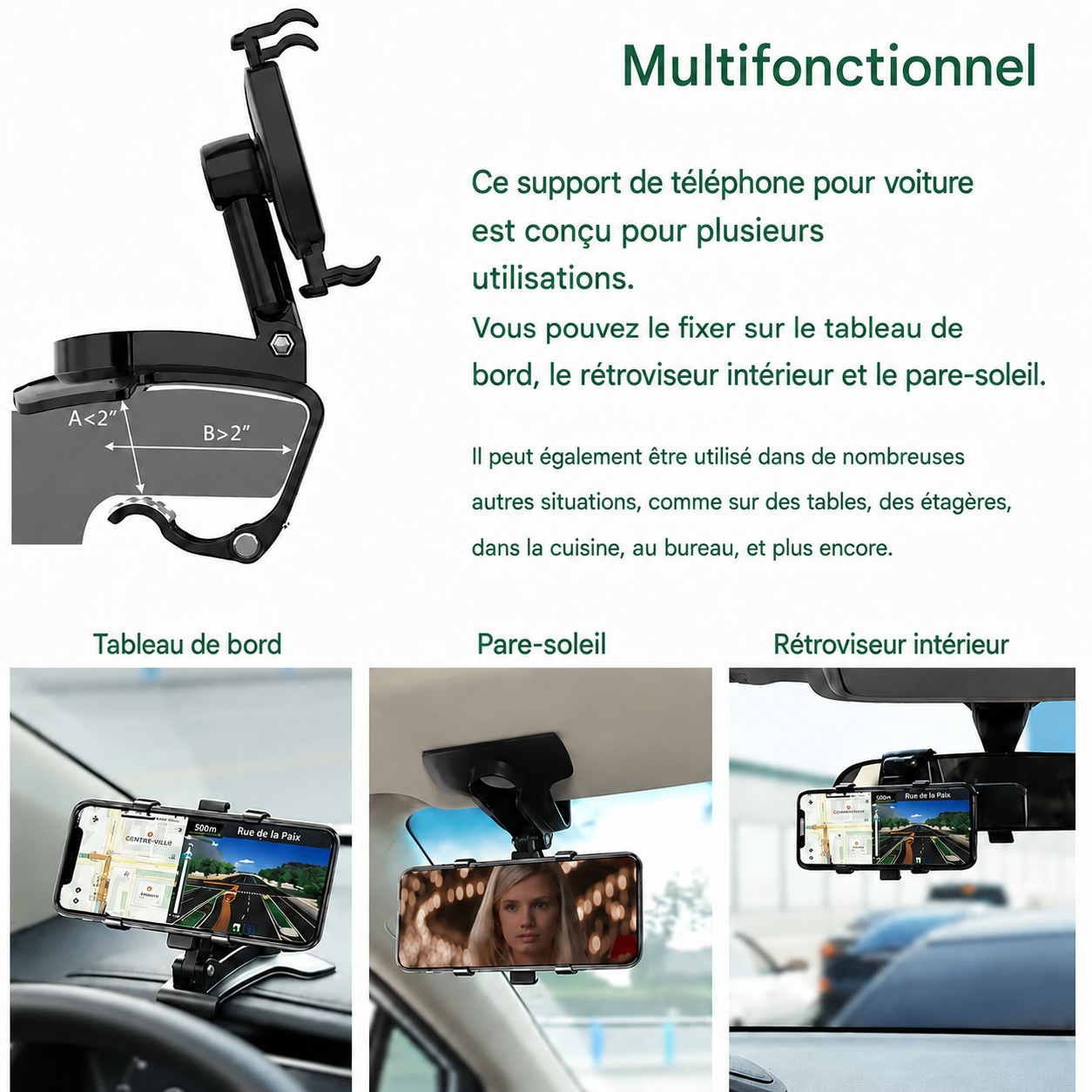 Support de téléphone de tableau de bord 360°
