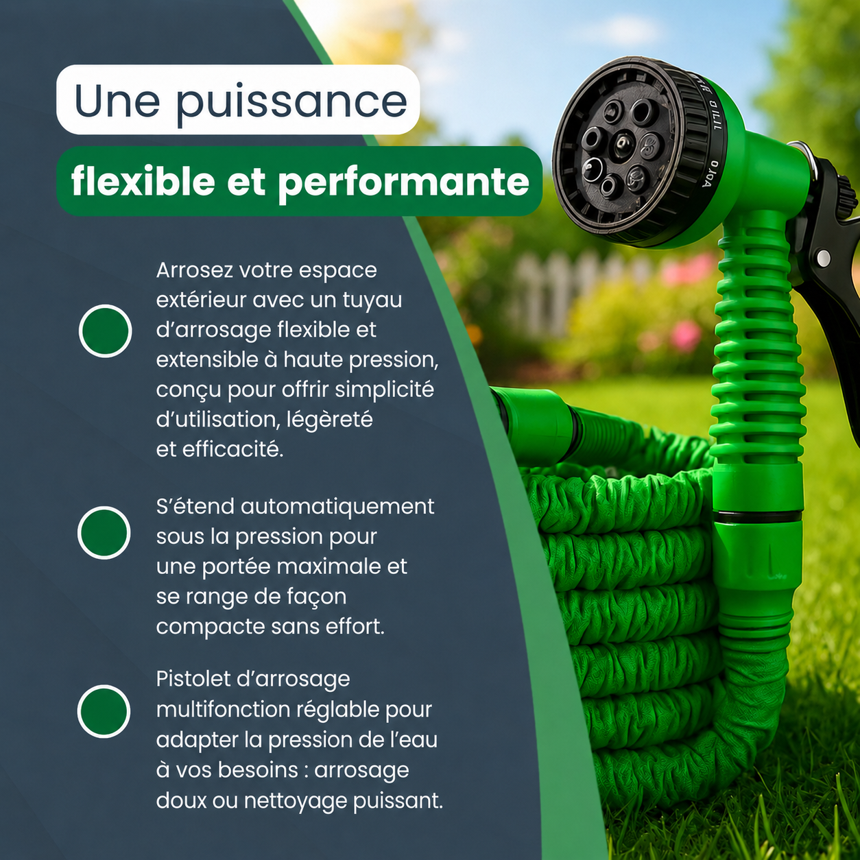 AQUAJET | Tuyau d’arrosage extensible haute pression avec 8 buses – Flexible, enroulable et anti-nœuds