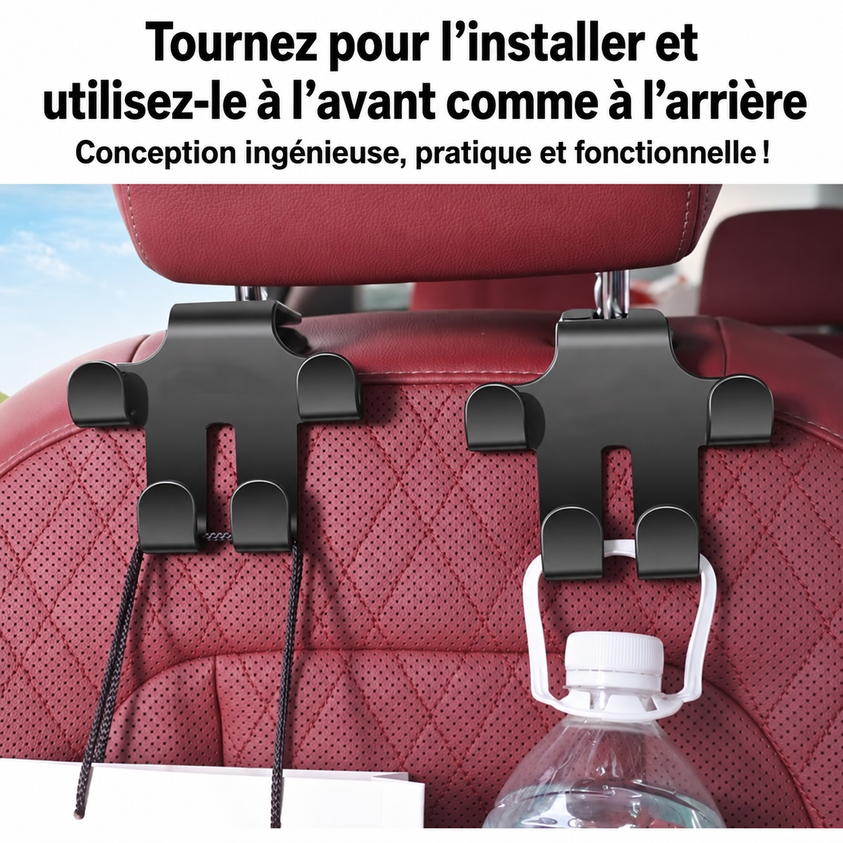 Crochet d’Appuie-Tête avec Logo Automobile (2 Pièces) — Rangement solide et peu encombrant pour sacs, courses et accessoires