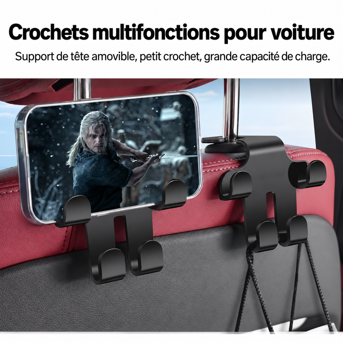 Crochet d’Appuie-Tête avec Logo Automobile (2 Pièces) — Rangement solide et peu encombrant pour sacs, courses et accessoires