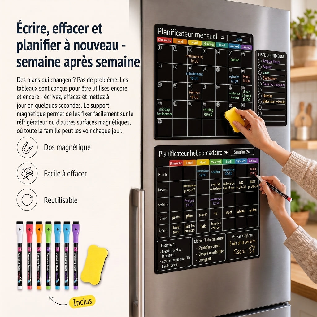 Planning familial magnétique – Vue mensuelle, hebdomadaire et quotidienne