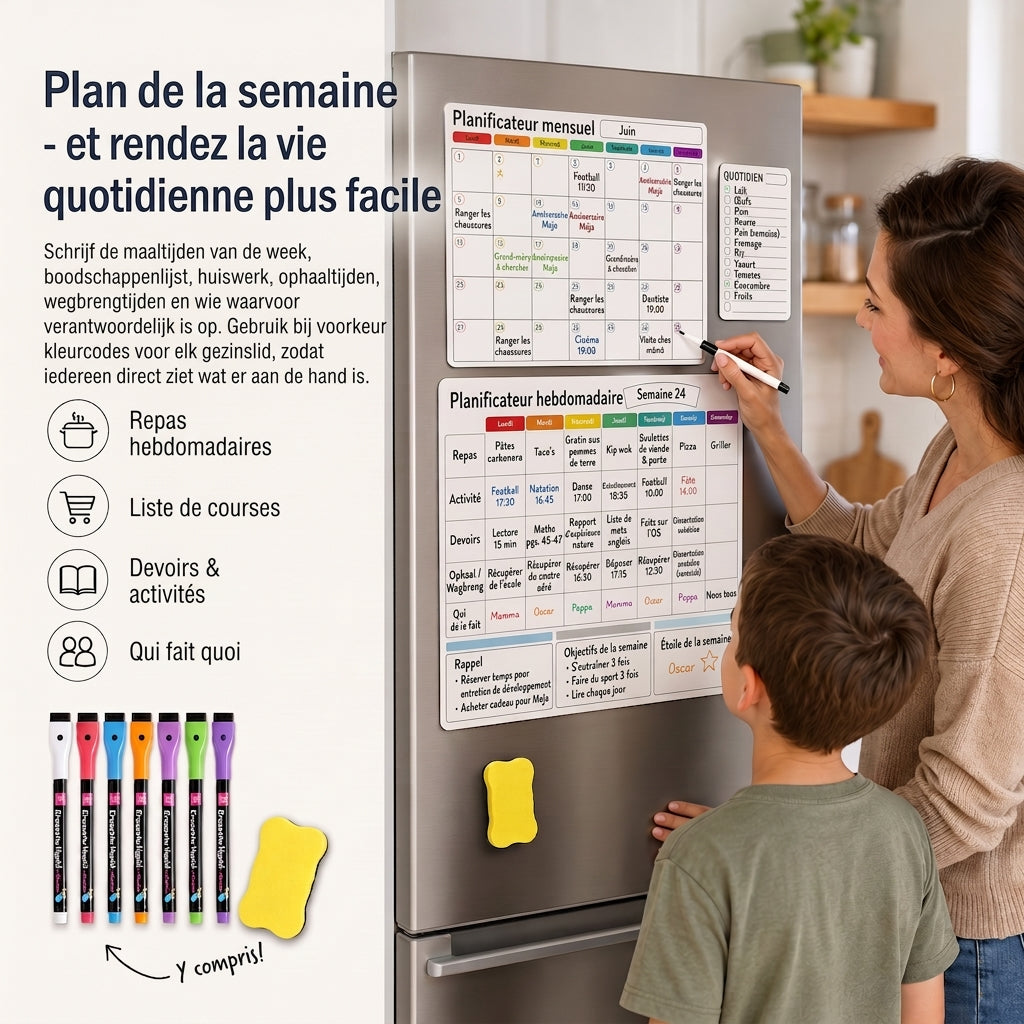Planning familial magnétique – Vue mensuelle, hebdomadaire et quotidienne