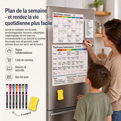 Planning familial magnétique – Vue mensuelle, hebdomadaire et quotidienne