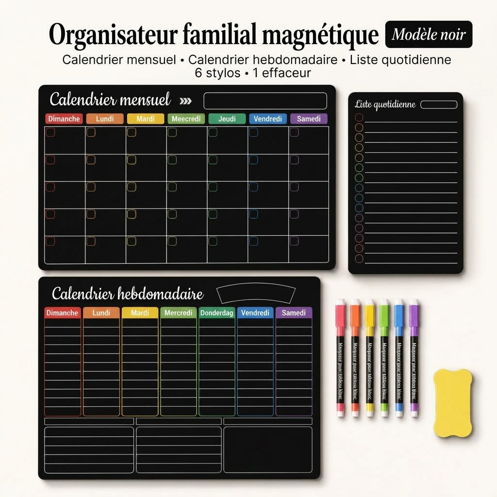 Planning familial magnétique – Vue mensuelle, hebdomadaire et quotidienne
