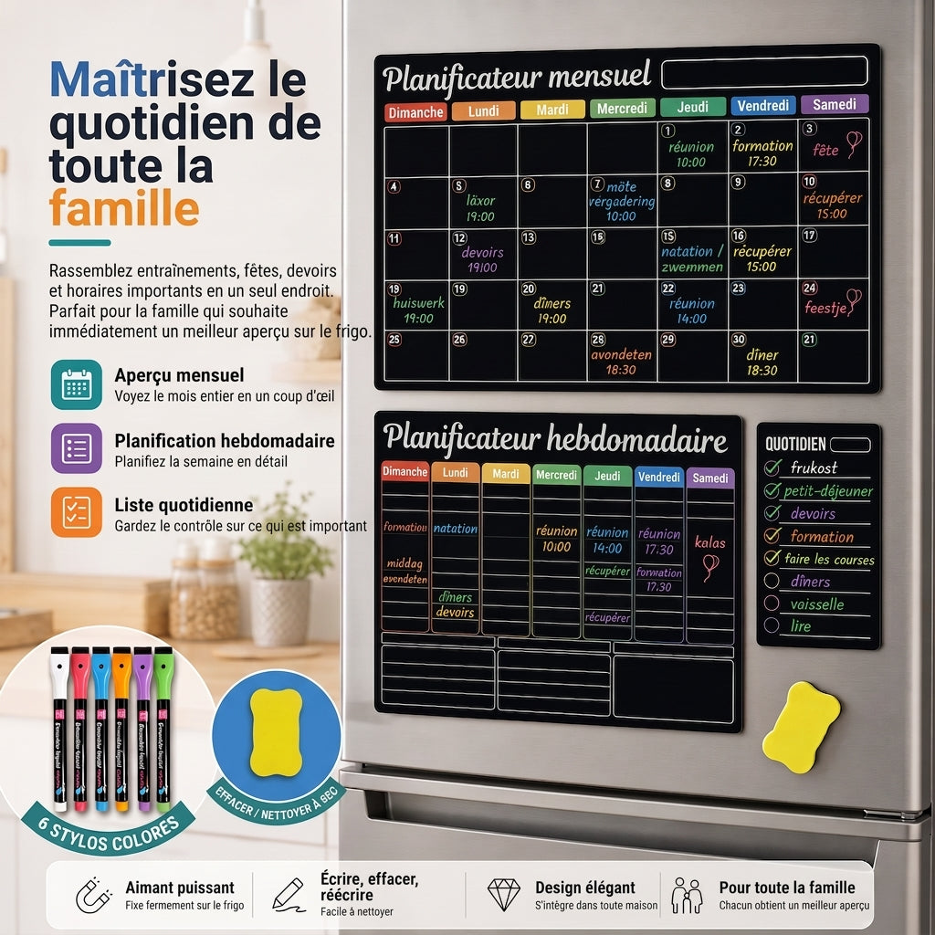 Planning familial magnétique – Vue mensuelle, hebdomadaire et quotidienne
